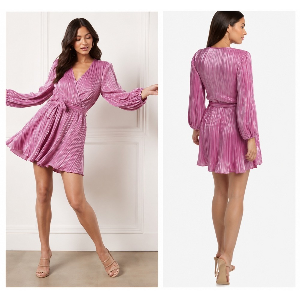 BARDOT Women's Wrap Mini Dress 6 SMALL Bellissa Pink Metallic Tie Waist Pleated‎